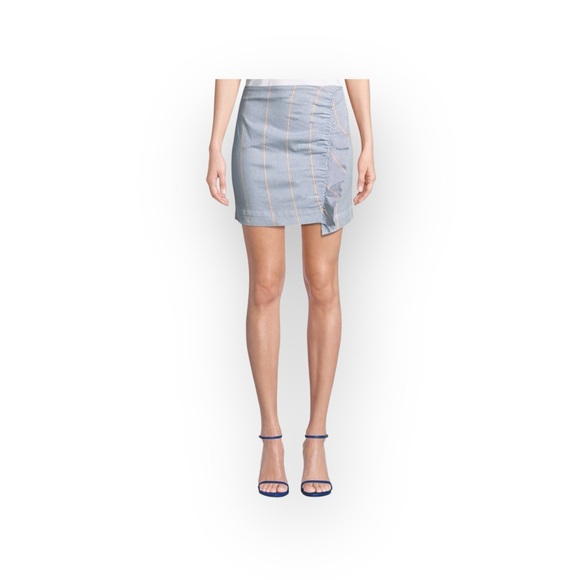 new 3x1 ᯾ Jane Ruffle Stretch Denim Mini Skirt ᯾ Blue Ticking Stripe ᯾ XS ᯾ Chic - Picture 13 of 16